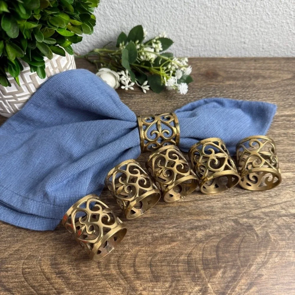1970s Vintage Napkin Rings Set of 6 Gold Tone Openwork Scroll French Country